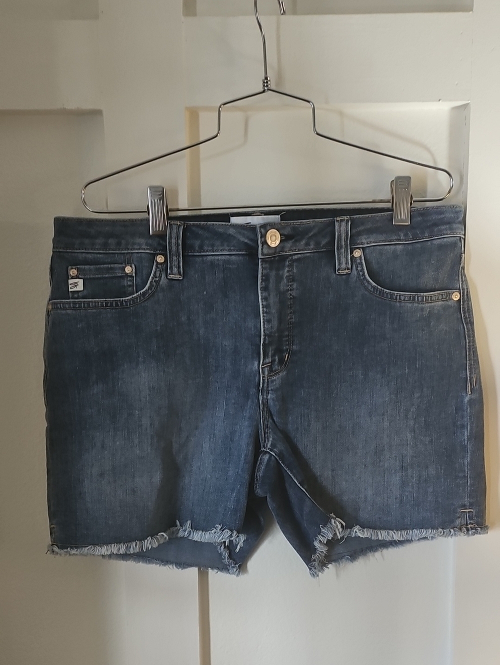 Seven7 Dark Blue Frayed Hem Denim Shorts